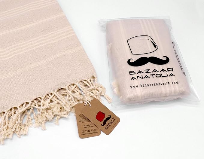 Bazaar Anatolia Slim Line Turkish Towel 100% Cotton Peshtemal Beach Towel 76x38 Thin Lightweight Travel Camping Bath Sauna Gym Pool Blanket Quick Dry Towels (Cream) - Made in Turkiye