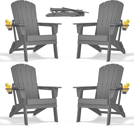 nevilywood Folding Adirondack Chair with Cup Holder Set of 4, HDPE Patio Chairs,All-Weather Outdoor Chairs for Backyard, Deck,Fire Pit-Grey