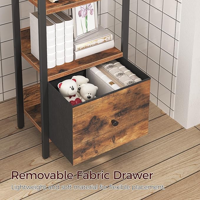 Bookshelf, 6-Tier Bookcase with Drawer, Small Book Shelf for Small Space, Storage Shelf Organizer, for Living Room, Bedroom, Study, Kitchen, Rustic Brown and Black BKHR66101