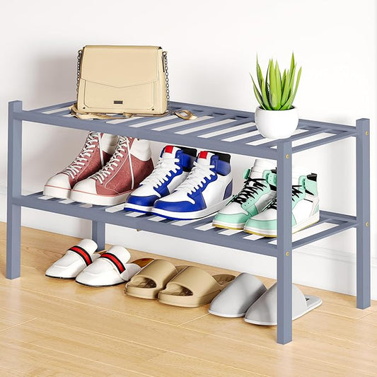 Smiry Shoe Rack, 2 Tier Bamboo Shoe Organizer, Stackable Free Standing Wooden Shoe Storage Shelf for Closet, Entryway, Front Door Entrance, Grey