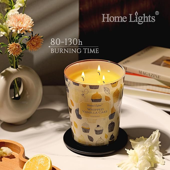 HomeLights Soy Wax Candles for Home Scented, 3-Wick Candles in Whipped Vanilla Cake Scented, Rustic Modern Aromatherapy Candles Gift for Parties, Relaxing, 34oz