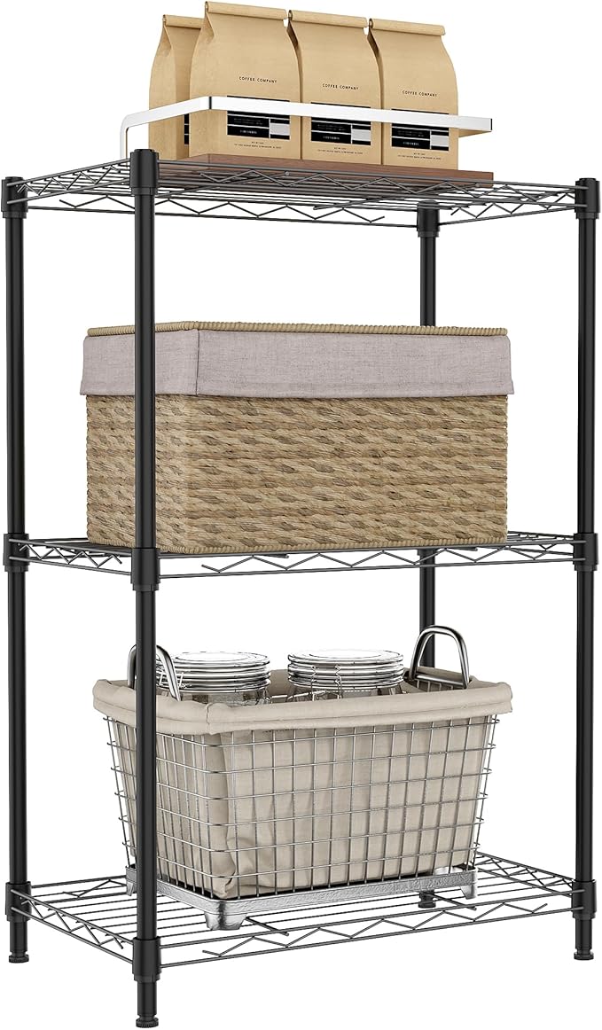 IZEUK 3 Tier Metal Wire Shelving Rack Storage Shelves for Kitchen, Bedroom, Living Room or Laundry Room, Black, 17.7" W x 11.8" D x 28.8" H