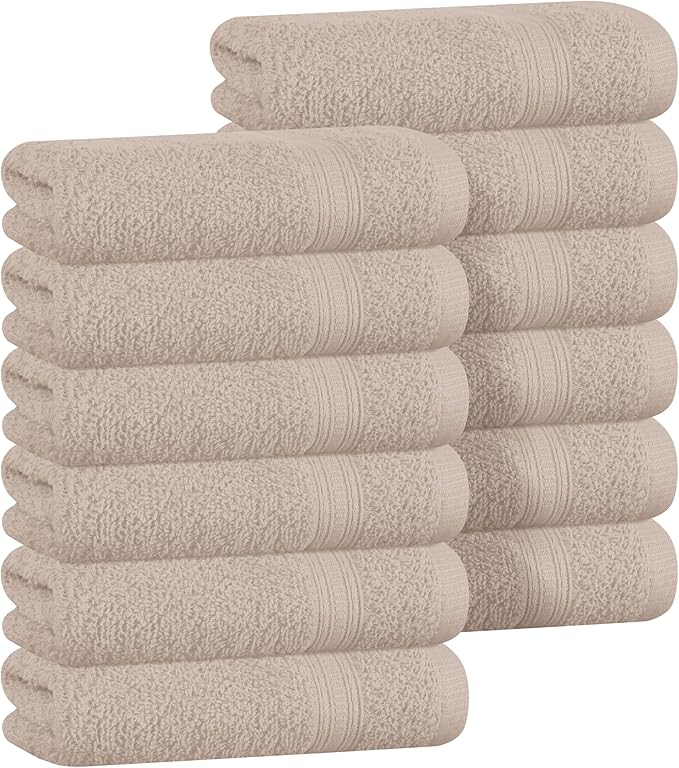 BOUTIQUO Ultra Soft Cotton Washcloths, Contains 12 Piece Face Cloths 12x12 inch, Ideal for Everyday use Face Towels, Compact & Lightweight Multi Purpose Washcloths - Tan