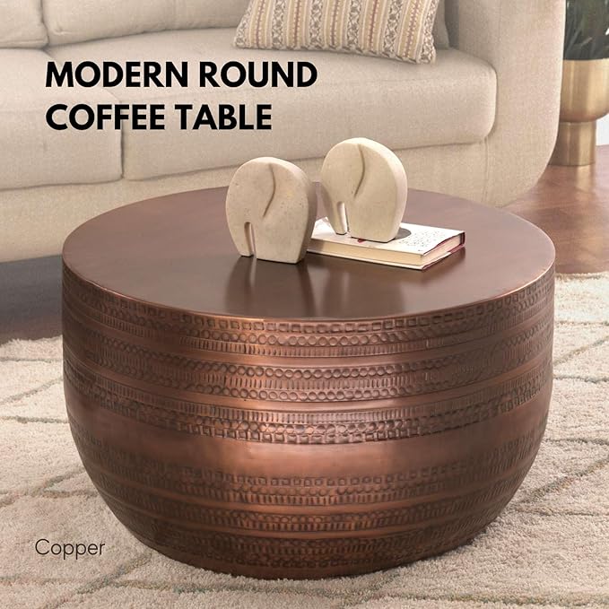 Modern Round Aluminum Hammered Embossed Texturing Metal Drum Coffee Table, Hand-Stamped Iron, Boho Accent Cylinder Drum Coffee Table, Cocktail Table, for The Living Room and Bedroom, Copper