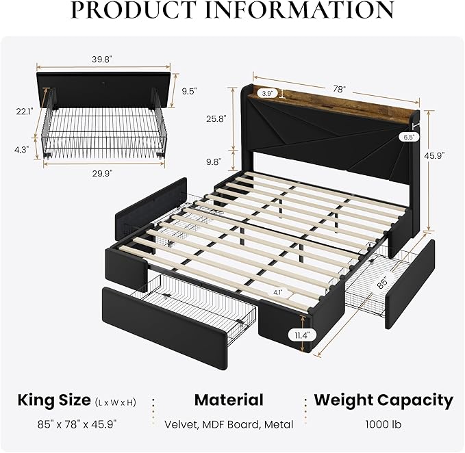 SHA CERLIN King Size Bed Frame with 3 Drawers, USB & Type-C Charging Ports, Velvet Upholstered Platform Bed with Modern Geometric Wingback Storage Headboard, No Box Spring Needed, Easy Assembly, Black