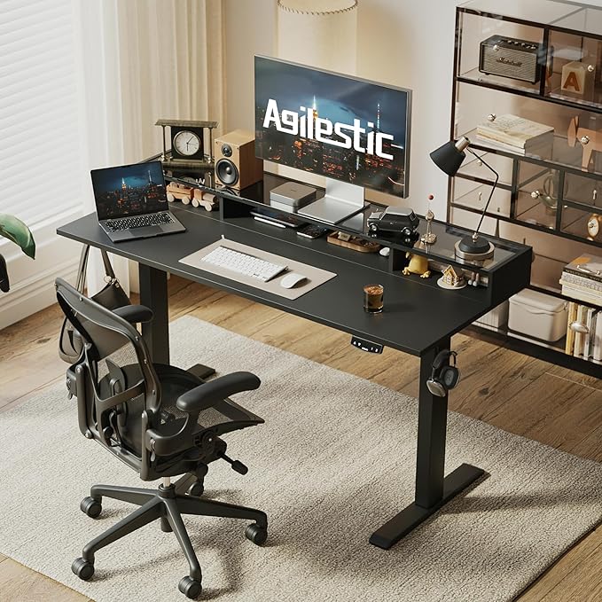 Agilestic Glass Standing Desk with Storage, 48 Inch Electric Adjustable Desk with Glass Shelf, Sit Stand Up Home Office Computer Table, Splice Board, Black