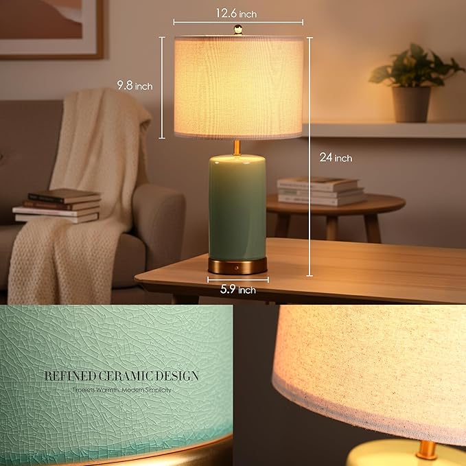 O’Bright Dune - Battery Powered Table Lamp, Rechargeable Cordless Ceramic Lamp, Full-Size 24 Inch Height, 4-Level Dimming, Smart Safety Protection, Type-C Fast Charging, LED Bulb Included, Sage Green