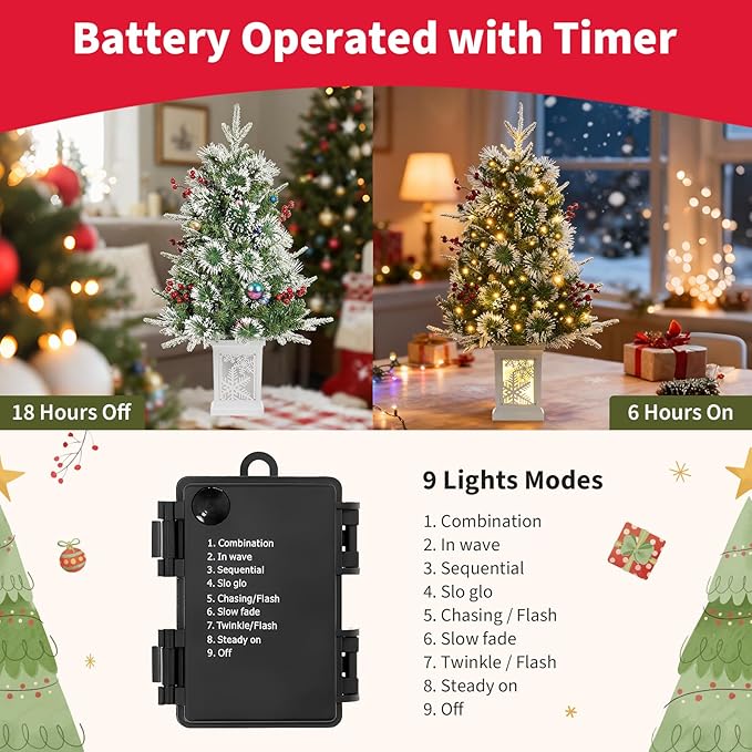 Small 3FT Pre-Lit Snow Flocked Christmas Tree with Twinkling Lights for Home Office Christmas Decor- Battery Operated & Timer (Snowflake Base)