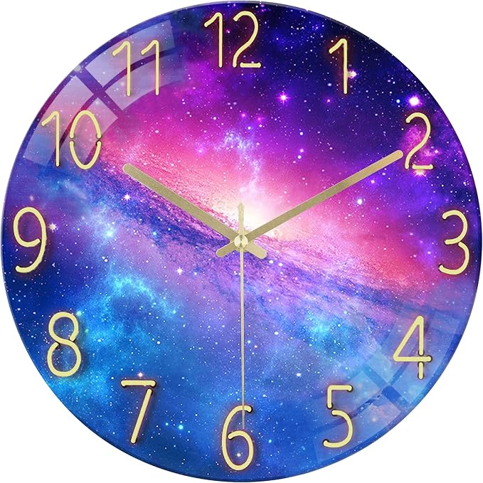 Lafocuse 12 Inch Silent Purple Wall Clocks Battery Operated for Bedroom, Cool Space Galaxy Analog Clock for Living Room Decor, Glass