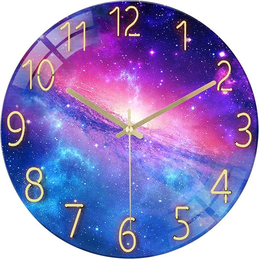 Lafocuse 12 Inch Silent Purple Wall Clocks Battery Operated for Bedroom, Cool Space Galaxy Analog Clock for Living Room Decor, Glass