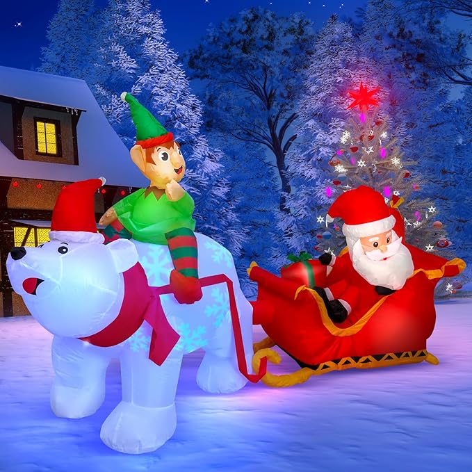 Max Fun 9.5Ft Christmas Inflatables Outdoors Decorations Santa Claus on Sleigh LEDs Build-in Blow Up Christmas Yard Inflatable Decoration for Outdoor Indoor Garden Lawn