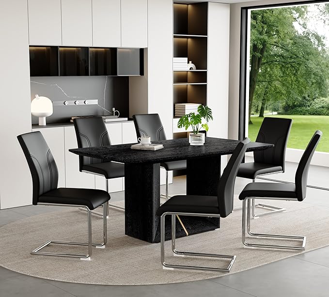 63" Modern Black Dining Table Set for 6 with Chairs, 7 Piece Rectangular Dining Room Table and 6 PU Leather Chairs, Kitchen Dining Set with Matte Wood Finish, Geometric Base, Easy Assembly