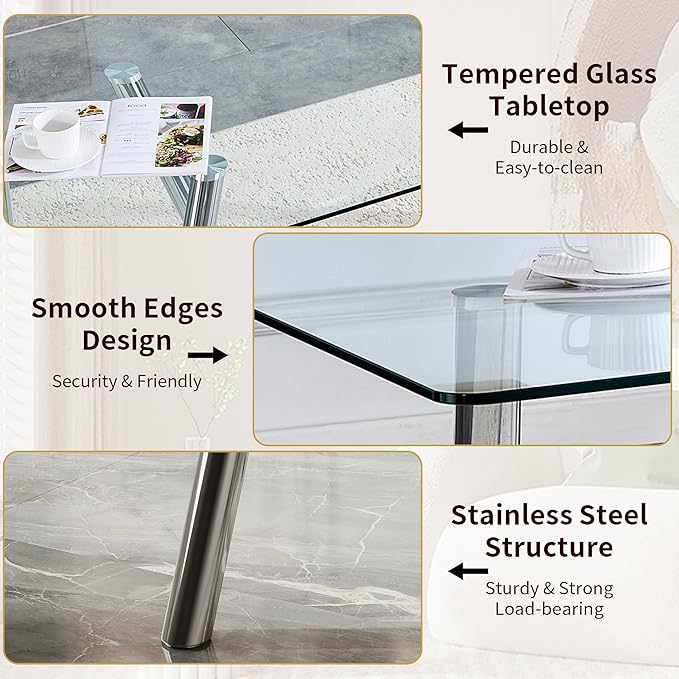 71" Rectangular Dining Table for 6-8, Modern Dining Table with Tempered Glass Tabletop & Metal Legs, Large Glass Dinner Table for Home Kitchen