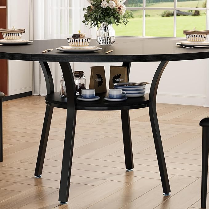 IDEALHOUSE Round Dining Table for 4-6, 47 Inch Kitchen Table with Sturdy Metal Frame, Space Saving Circle Dining Room Table for Small Space (Table Only), Black