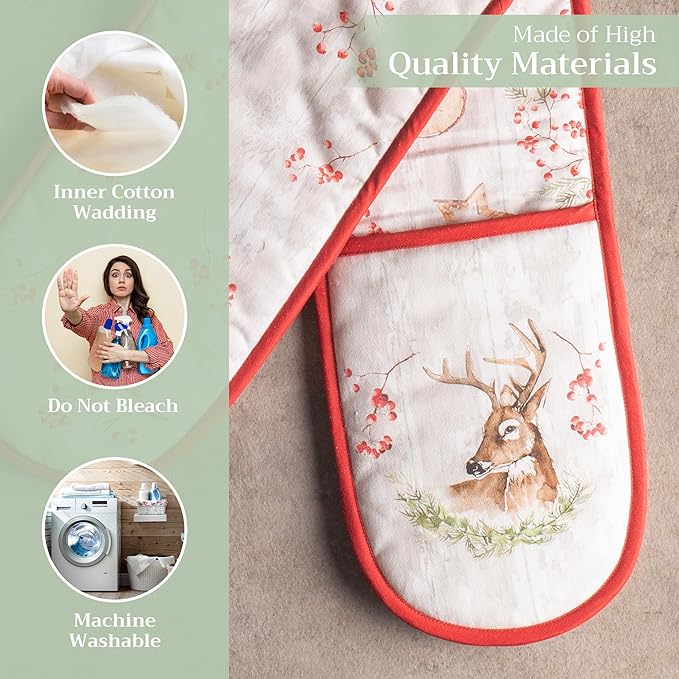 Maison d' Hermine Double Oven Mitt (7" x 35") 100% Cotton Heat Resistant BBQ Cooking Gloves with Loop for Thanksgiving Christmas Decorations Baking Cooking Barbeque Handling Hot Pan (Mountain Life)