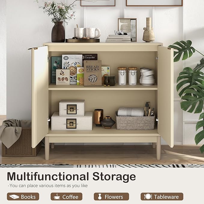 Fluted Sideboard with Storage, Buffet Cabinet Sideborad with Door, Kitchen Buffet Storage Accent Cabinets with Adjustable Shelves for Living Room, Entry, Hallway, Beige