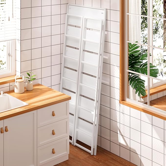 4NM No Assembly 6 Tiers Folding Bookshelf Storage Shelves Vintage Bookcase Standing Racks Study Organizer Home Office (All White)