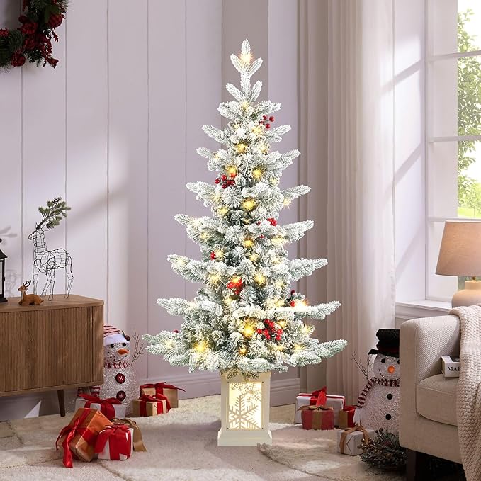 Small Pre-Lit Christmas Tree with LED Lights - 3.5FT Snow Flocked Ariticifial Tree with Snowflake Base, Battery Operated & Auto Timer for Home Office Xmas Decor