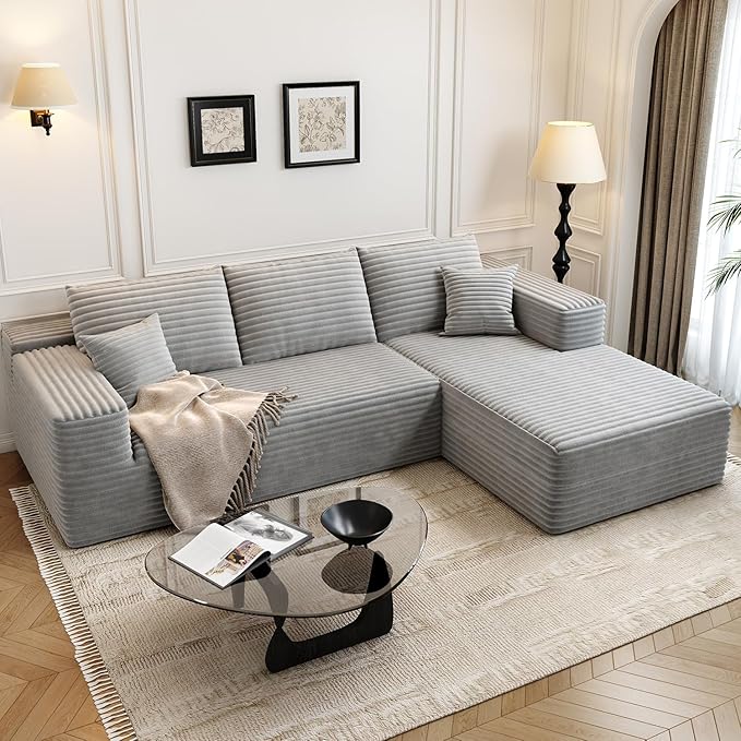 107.5" Cloud Modular Sectional Sofa Couch with L-Shape Chaise,Modern Minimalist Upholstered Couches for Living Room Bedroom,Deep Seat Corner Couch，No Assembly Required (Grey,Right Facing Chaise)