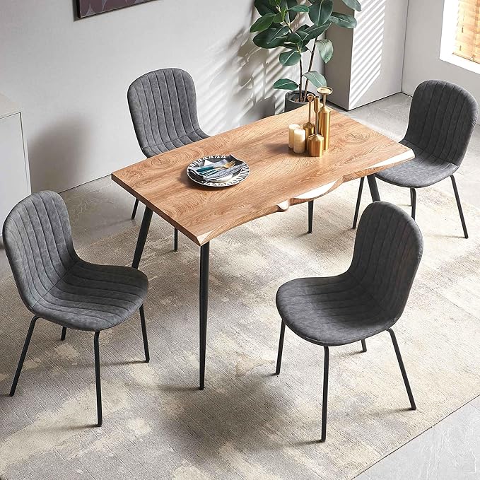 5 Pieces Dining Table Set-Home Kitchen Dining Room Table Set, Solid MDF Dining Table with Irregular Tabletop, 4 PCS Vintage PU Dining Chairs Dark Grey Accent Chairs