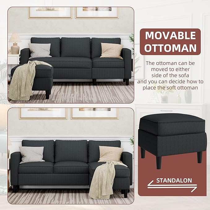 Nuturelly Convertible Sectional Sofa Couch with Movable Ottoman, 3-Seater Modern L-Shaped Sofa for Small Spaces, Soft Fabric Couch for Living Room, Small Apartment & Office(Dark Gray)