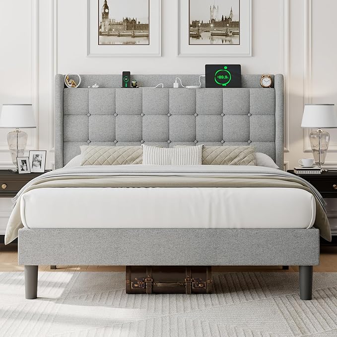 iPormis Queen Bed Frame with Charging & Storage, Upholstered Platform Bed with Button Tufted Wingback Headboard, Heavy-Duty Foundation, No Box Spring Needed, Light Grey