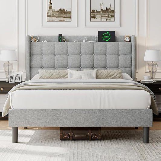 iPormis Queen Bed Frame with Charging & Storage, Upholstered Platform Bed with Button Tufted Wingback Headboard, Heavy-Duty Foundation, No Box Spring Needed, Light Grey