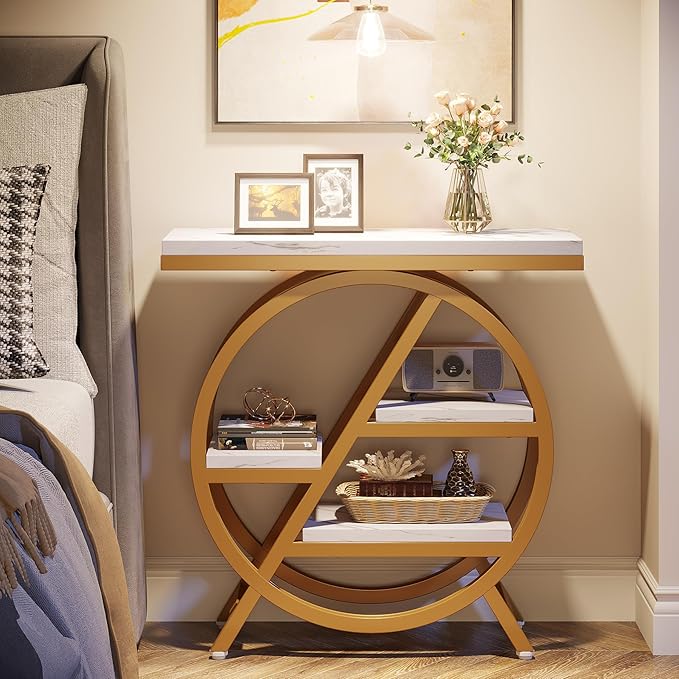 Tribesigns End Table for Living Room, 3-Tier Faux Marble Side Table with Storage, Wood Narrow Sofa Side Table with Geometric Metal Frame, Modern Nightstand and Bedside Table for Bedroom, Gold & White