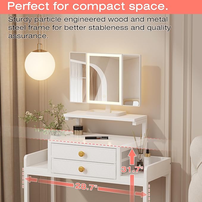 Vanity Desk with Mirror and Lights, 28.4''W Small Makeup Vanity Table with Height-Adjustable Stand, 2 Fabric Drawers Compact Makeup Desk, Gift for Girls, Bedroom Small Space, White