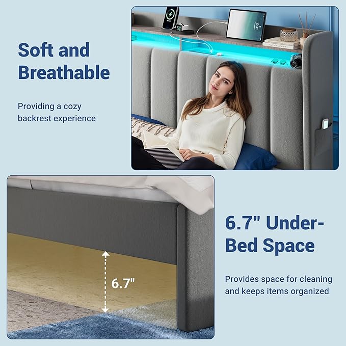 Allewie Velvet Vertical Tufted Queen Upholstered Platform Bed Frame with 2-Tier LED Storage Headboard & 2 Storage Drawers, USB & Type-C Charging Ports, Noise-Free/No Box Spring Needed, Grey
