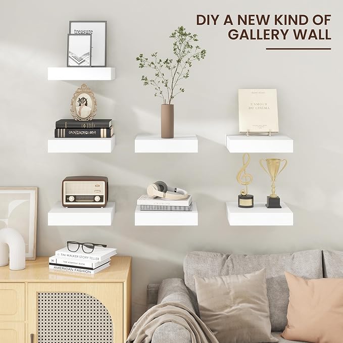 Square Floating Shelves for Wall, 12" W x 12" D x 2" H, 2 Pack of Small Wall Mounted Engineered Wood Shelves with Invisible Brackets for Living Room, Bedroom, Bathroom, Kitchen Decor, White