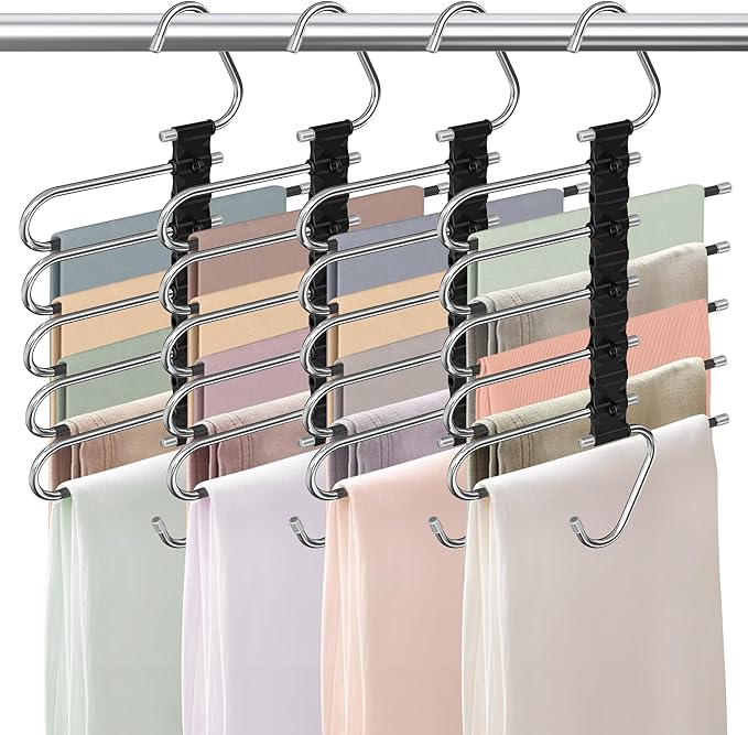 Upgrade Pant Hangers Space Saving, Non Slip Stainless Steel Multifunctional Pants Rack S-Type Clothes Pant Closet Hanger Organizer with Hooks for Pants Jeans Trousers Scarf Skirts (Onyx Black, 4 Pack)