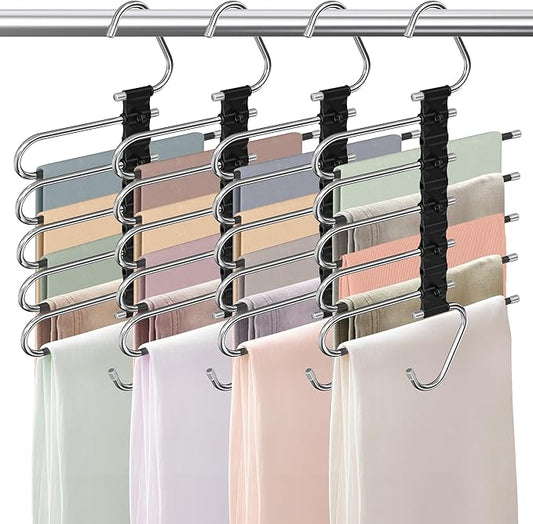 Upgrade Pant Hangers Space Saving, Non Slip Stainless Steel Multifunctional Pants Rack S-Type Clothes Pant Closet Hanger Organizer with Hooks for Pants Jeans Trousers Scarf Skirts (Onyx Black, 4 Pack)