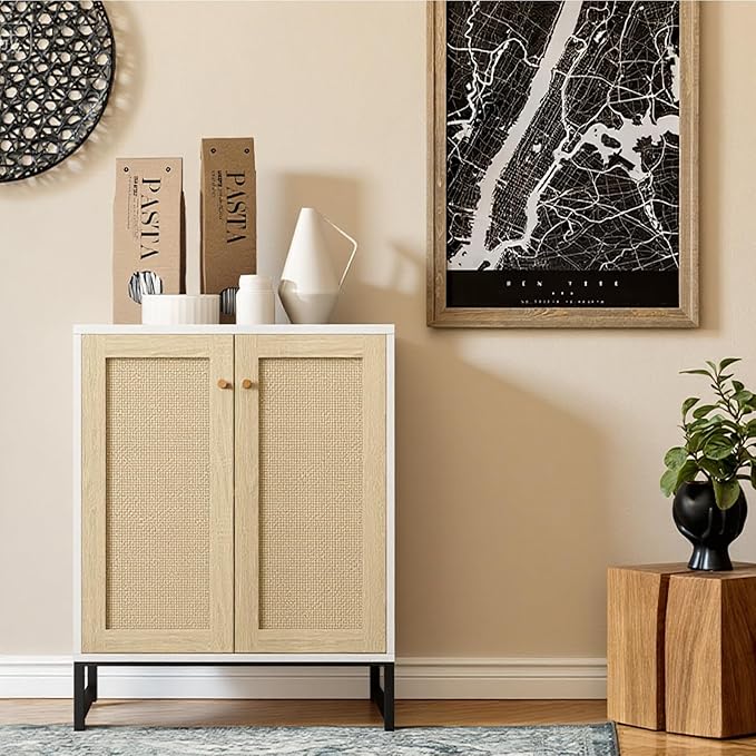 Panana Rattan Decorated 2 Doors Storage Cabinet Accent Cabinet Living Room Cupboard Kitchen Sideboard Buffet Table (White)