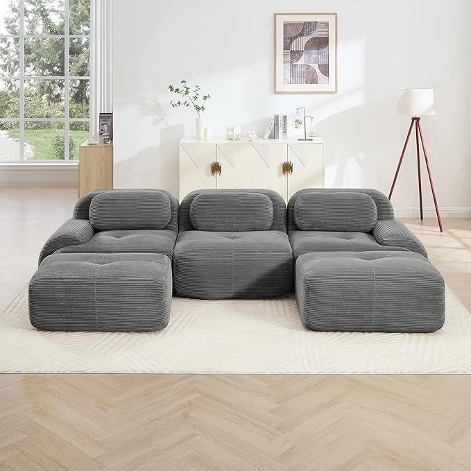 116" Modern Corduroy Cloud Sofa with Ottoman, U Shaped Boneless Modular Large Sectional Couches for Living Room, Gray 3 Seater Compressed Memory Foam Couch, Extra Deep Seat, No Assembly
