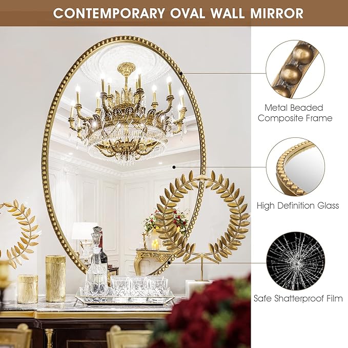 Oval Wall Mirror for Bathroom, 26"x39" Antique Gold Metal Beaded Frame Decorative Accent Mirror, Large Hanging Vanity Mirror for Bedroom, Living Room, Entryway