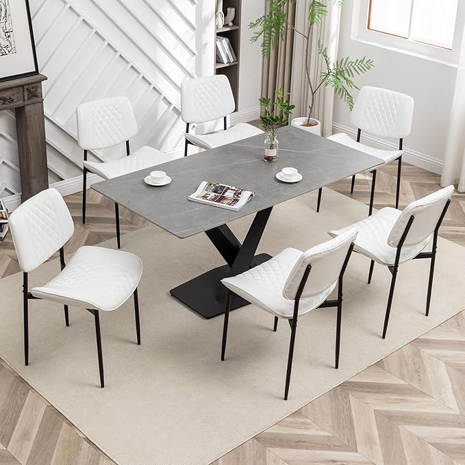 Modern Dining Chairs Set of 6, Leather Dining Chair with Metal Legs, Upholstered Dining Room Chairs for Dining Room, Kitchen, Vanity (White)