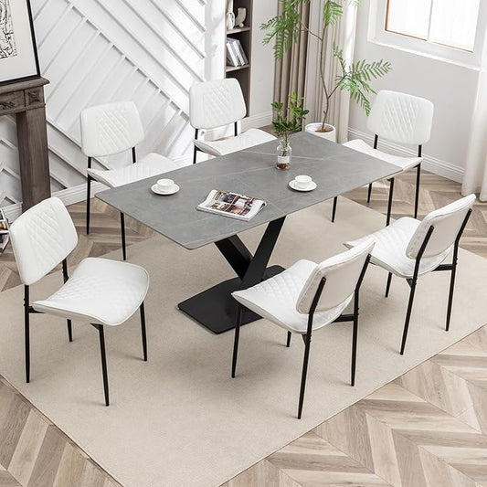 Modern Dining Chairs Set of 6, Leather Dining Chair with Metal Legs, Upholstered Dining Room Chairs for Dining Room, Kitchen, Vanity (White)
