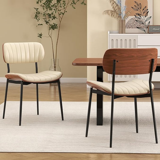 Mid Century Modern Dining Chairs Set of 2,Upholstered Faux Leather Kitchen Chairs with Walnut Bentwood Back and Metal Legs for Kitchen Dining Room Living Room, Beige