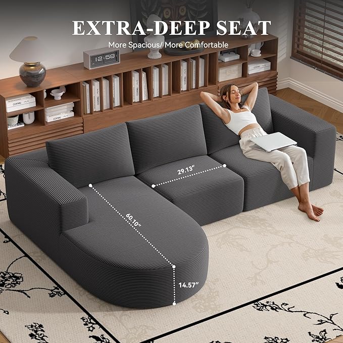 Modular Sectional Sofa with L-Shape Chaise,Cloud Sectional Modern Sleeper Couch with Deep Seat,Sponge Compression Sofas No Assembly Required (Dark Gray-Corduroy Fabric) 1PCS