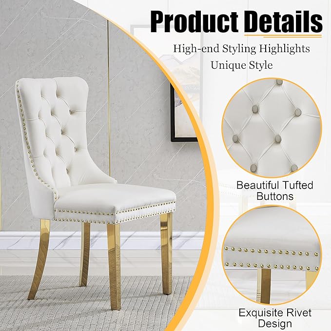 5 Piece Glass Dining Table Set, Modern 63" Rectangle Glass Kitchen Table with 4 White Velvet Upholstered Chairs, Gold Dining Table for 4 with Chairs Set for Kitchen, Living Room