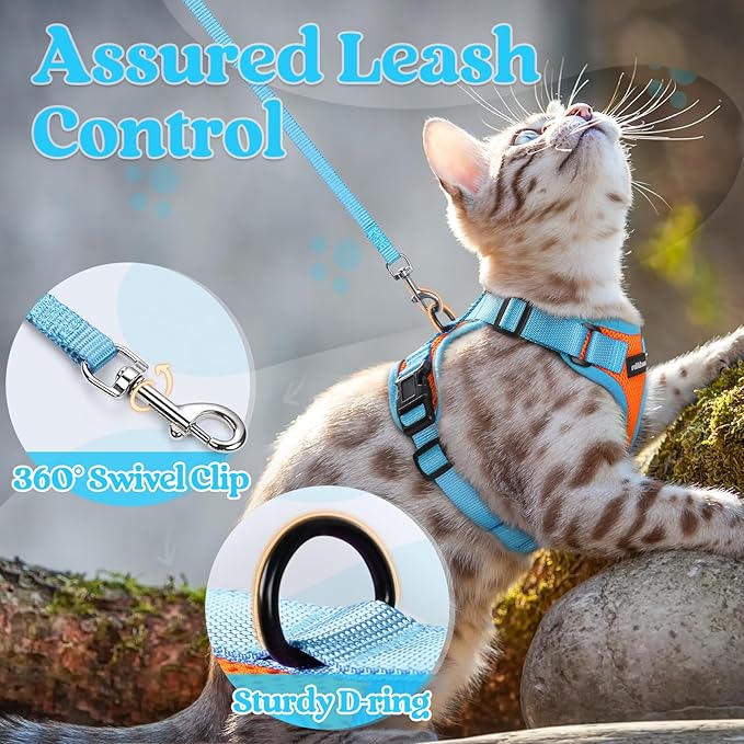 rabbitgoo Cat Harness and Leash Set, Escape Proof Soft Adjustable Vest Harnesses for Outdoor Walking, Easy Control Breathable Kitten Jacket with Reflective Strips, Orange & Light Blue, XS