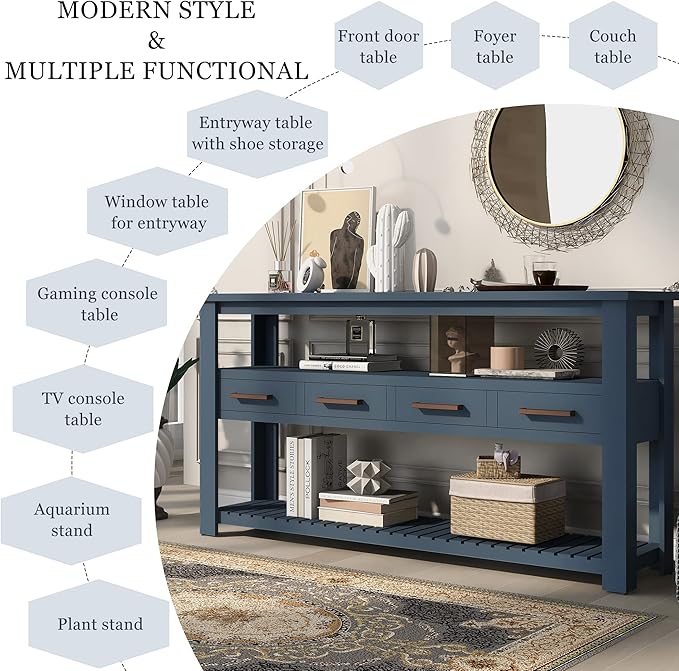 Modern 62'' Console Table Sofa Entryway Table with 4 Drawers and 2 Shelves, Acacia Wood Kitchen Buffet Cabinet Sideboard, Accent Table Furniture for Entryway Kitchen Living Room (Navy Blue-4DE)