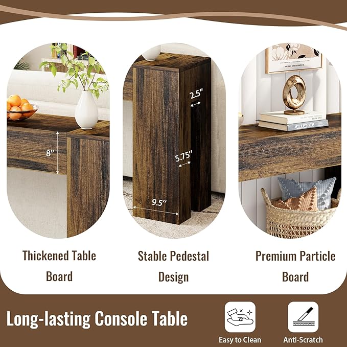 Extra Long Sofa Console Table for Entryway Living Room, 79-Inch Farmhouse Wood Behind Couch Table, Rectangular Accent Console with Wooden Double Base for Hallway Foyer Entrance, Rustic Brown