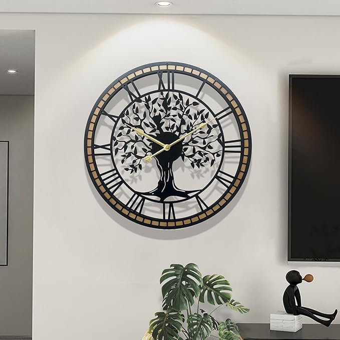 Large Wall Clock for Living Room Decor 18 Inch Tree of Life Metal Wall Art - Oversized Non-Ticking Battery Operated Silent Clock for Kitchen/Bedroom Home Decor