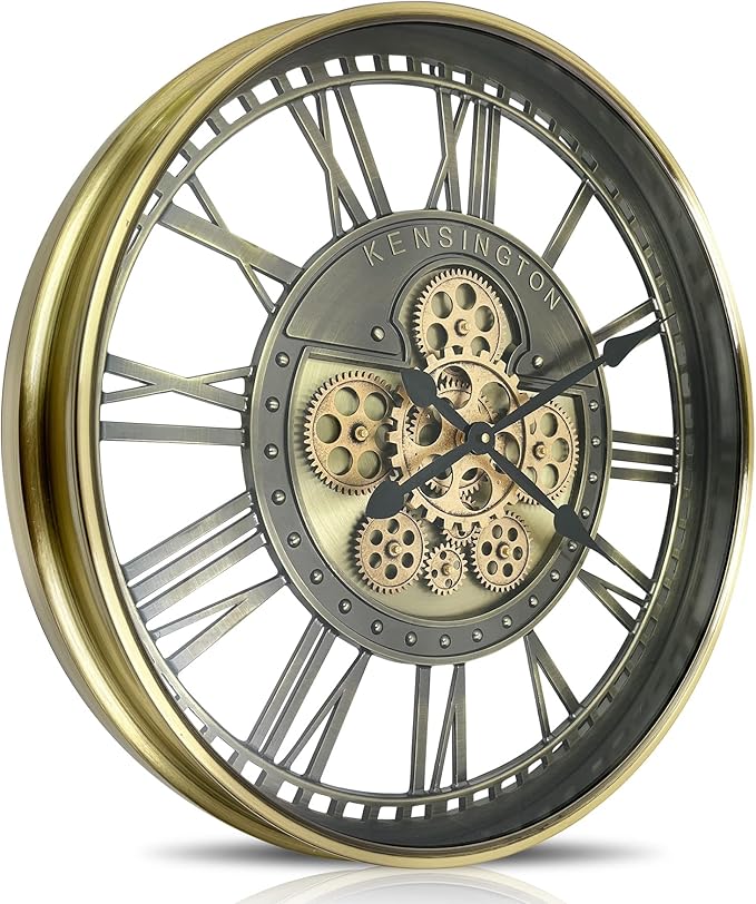 Real Moving Gears Wall Clock Large Modern Metal Clocks for Living Room Decor, Industrial Steampunk Unique Vintage Rustic Decorative Clock for Home Farmhouse Office, 27.6 Inch,Brass Gold Roman