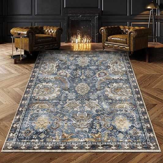 RUGSURE Washable Area Rugs - Perfect for Living Room, Bedroom, Kids Room, Nursery - Stain & Water Resistant Non-Slip, Pet & Child Friendly, Vintage Tribal Area Rugs (Navy, 9' x 12')