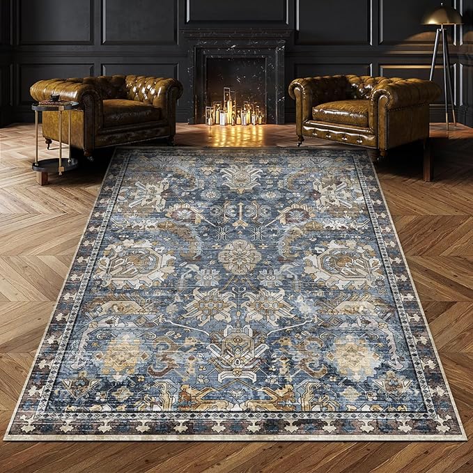 RUGSURE Washable Area Rugs - Perfect for Living Room, Bedroom, Kids Room, Nursery - Stain & Water Resistant Non-Slip, Pet & Child Friendly, Vintage Tribal Area Rugs (Navy, 5' x 7')