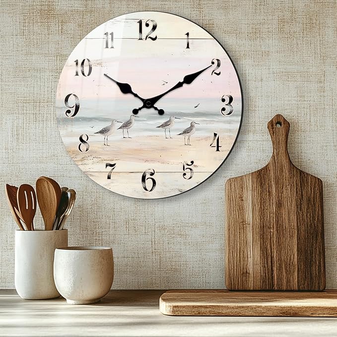 Vintage Wall Clock for Kitchen - 14 Inch Round Wooden Wall-Clock Coast Farmhouse Decor,Battery Operated Silent Clocks with Wood Grain for Kitchen, Home