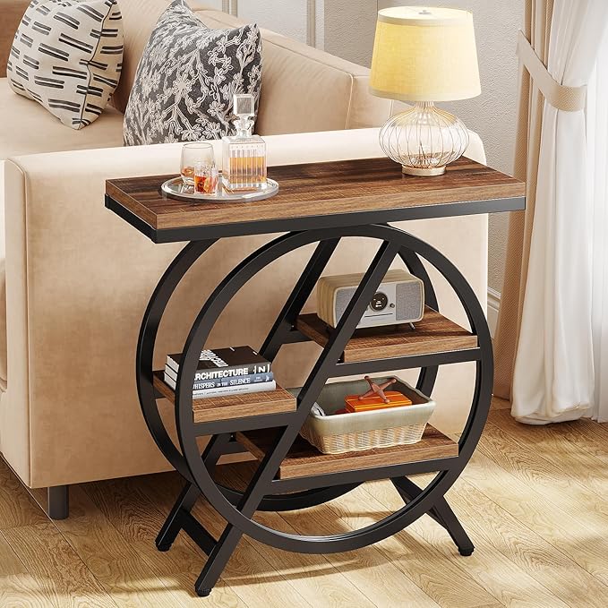 Tribesigns End Table Set of 2, 3-Tier Narrow Sofa Side Table with Storage for Living Room, Wood End Table with Geometric Metal Frame, Industrial Nightstand and Bedside Table for Bedroom, Rustic Brown